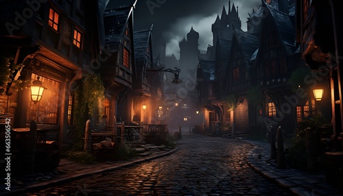 haunted town square in a medieval village at night
