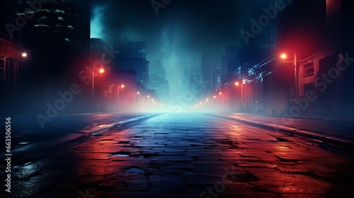 Wet asphalt, reflection of neon lights, a searchlight, smoke. Abstract light in a dark empty street with smoke. Dark background scene of empty street, night city
