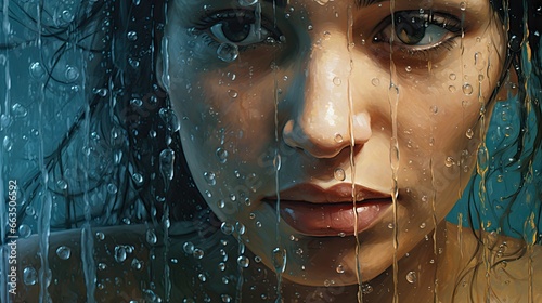  a painting of a woman's face through a rain soaked window.  generative ai
