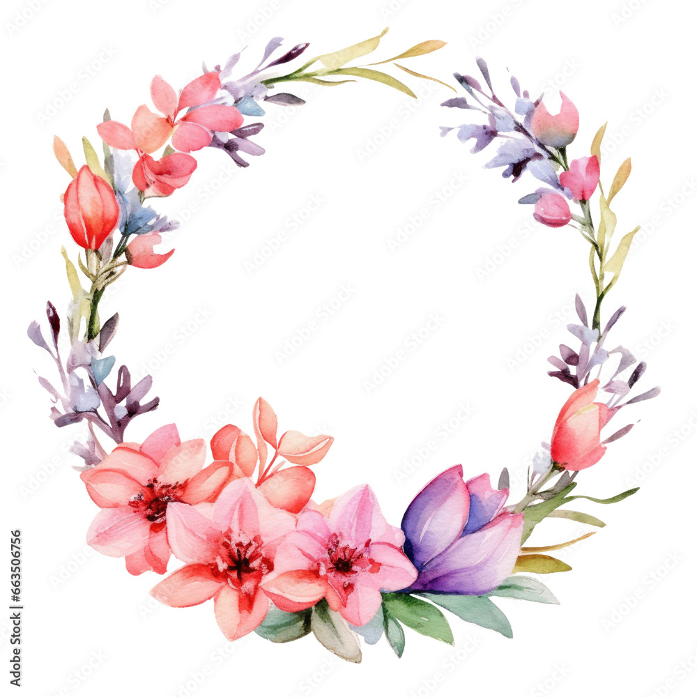 Spring floral wreath round frame. Watercolor paint decor illustration clipart for design isolated on transparent background.