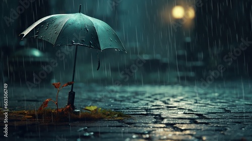  a person holding an umbrella on a rainy street at night.  generative ai