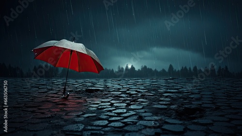  a red and white umbrella sitting on top of a wet ground.  generative ai