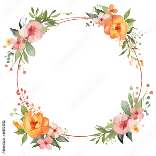 Spring floral wreath round frame. Watercolor paint decor illustration clipart for design isolated on transparent background.