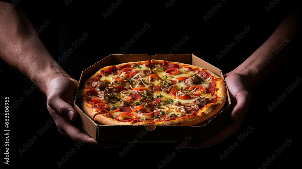 pizza with a slice of cheese, mushrooms and tomatoes in a hand