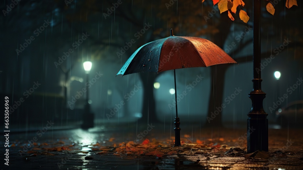  a person holding an umbrella on a rainy night in the rain.  generative ai