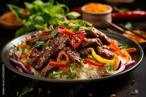 Delicious Thai dish with beef, fragrant rice, and colorful veggies. Generative AI