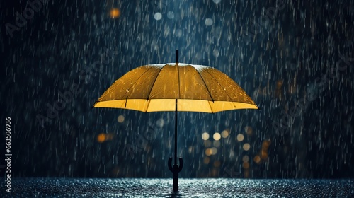  a yellow umbrella sitting on top of a wet ground in the rain.  generative ai