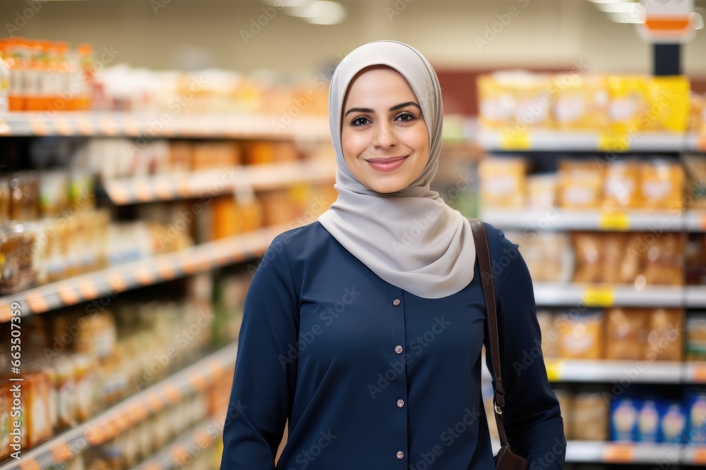 Muslim woman with friendly smile in a grocery store, female employee wearing a hijab, business portrait, ai generated