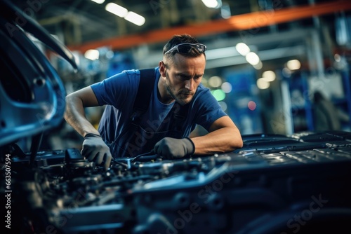 Male mechanic operating in an automotive factory  candid shot of a man working on high technology car parts  ai generated
