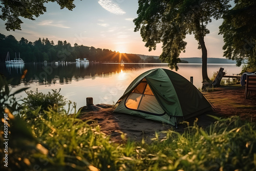 Tent on lake shore, at morning natural light.