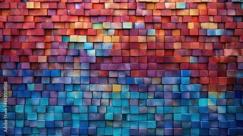 a multicolored brick wall with a red  blue  and yellow pattern.  generative ai