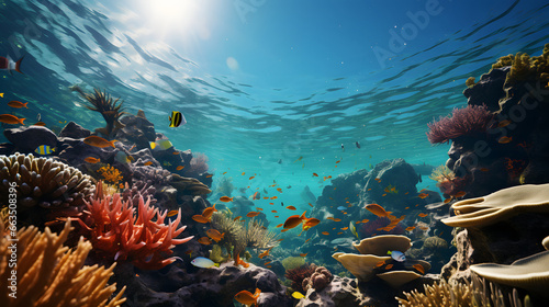 Undersea view of coral reef with colorful fishes.