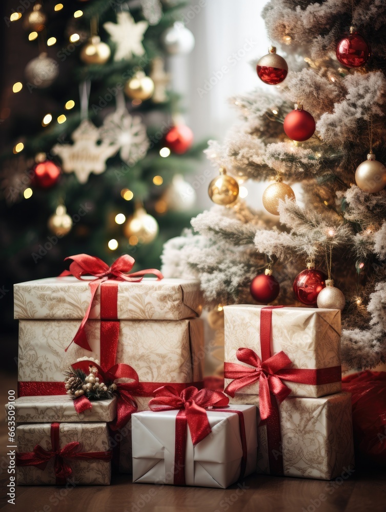 christmas tree and gifts, decorated xmas tree setting with presents, ai generated christmas tree and gifts, decorated xmas tree setting with presents, ai generated