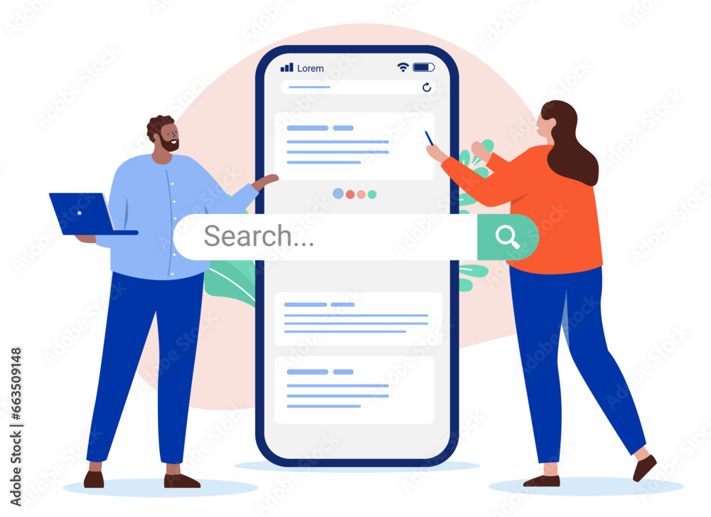 Business search engine result - Two people working and looking at ranking from web search on smartphone screen. Flat design vector illustration with white background Business search engine result - Two people working and looking at ranking from web search on smartphone screen. Flat design vector illustration with white background