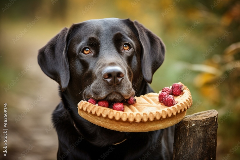 A Labrador Retriever holding a delicious pie in its mouth. Generative AI - obrazy, fototapety, plakaty 