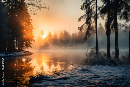 Majestic winter morning  Foggy tranquility over lake and trees