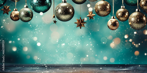 Christmas or new year background, hanging dark turquoise and golden glitter baubles and snowflakes under wooden table on magic bokeh background with copy space. Winter holidays festive greeting card. photo