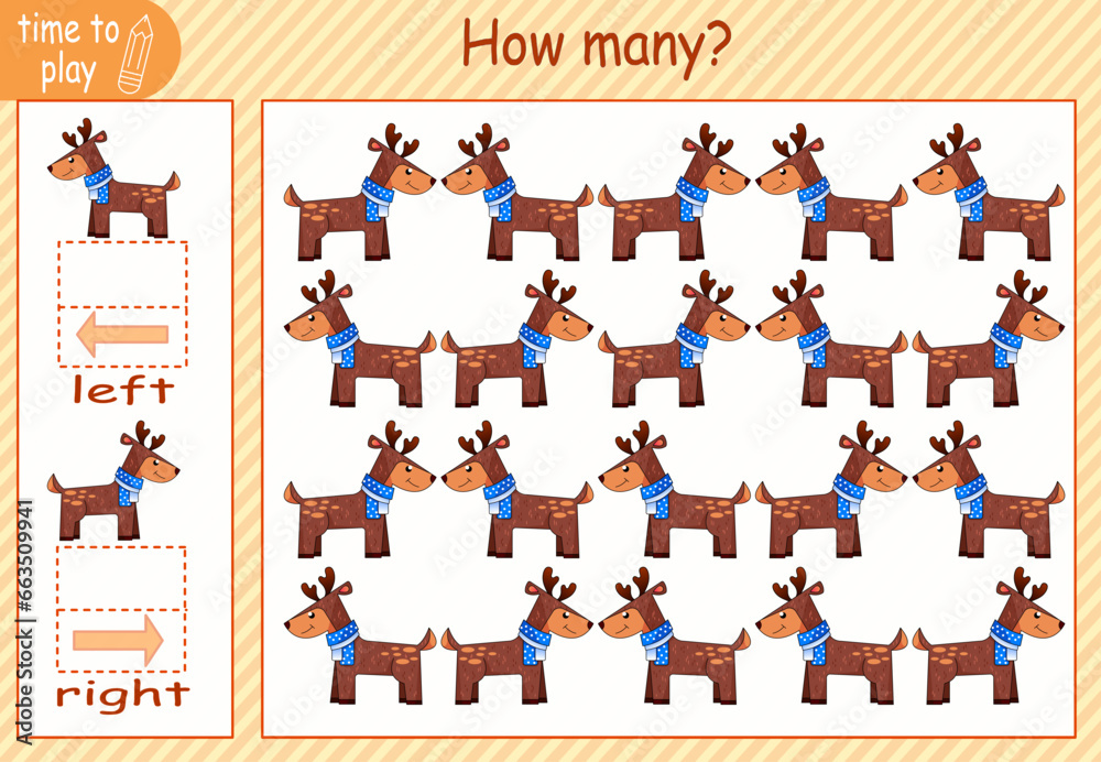 children's educational game, tasks. count how many elements will be placed on the right and how many on the left. New Year. deer