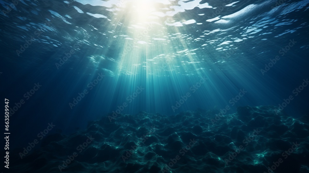 Fototapeta premium Dark blue ocean surface seen from underwater, sunrays, underwater shot