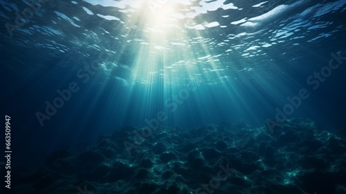 Dark blue ocean surface seen from underwater, sunrays, underwater shot