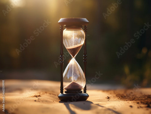 Hourglass over nature wood forest and sun rays background. Time concept. Generated AI © Oleksiy