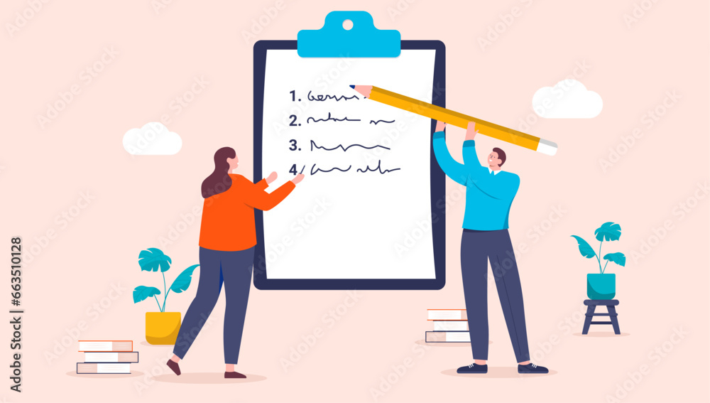 Writing business list - Two people with pencil and clipboard making business notes and points for process and strategy. Flat design cartoon style vector illustration Writing business list - Two people with pencil and clipboard making business notes and points for process and strategy. Flat design cartoon style vector illustration