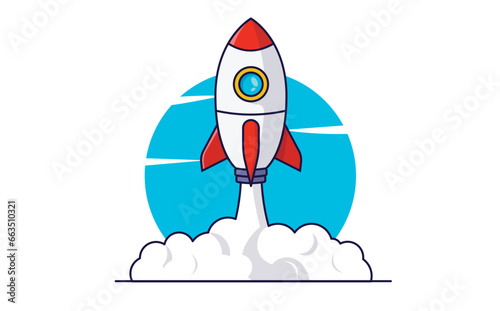 Space rocket symbol vector - Flat design outline illustration of space rocket flying upwards with smoke and blue oval sky on white background
