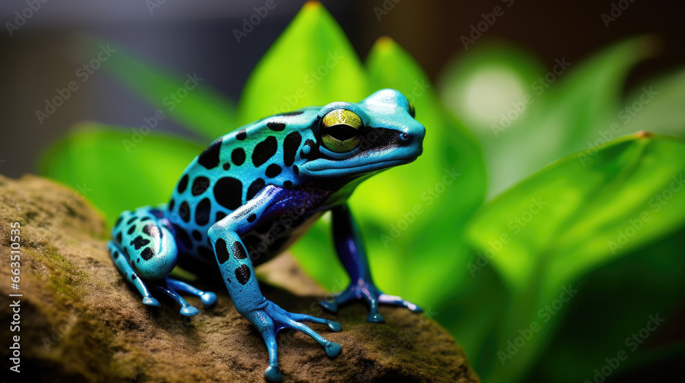 Fototapeta premium macro of a blue poison dart frog sitting in a tropical rainforest