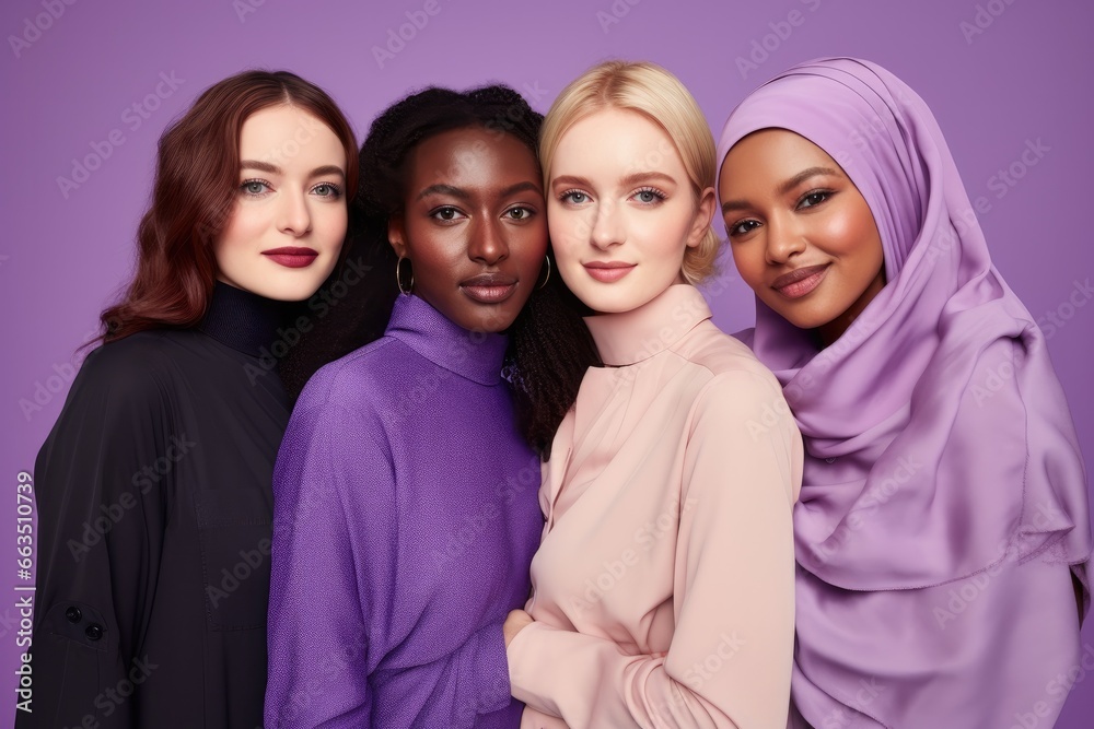 diverse women portrait, group of four female persons standing close together in front of lilac background, different skincolors and religion, studio shot, ai generated