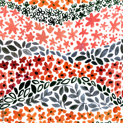 Abstract flowers wavy seamless pattern. Cute brush strokes leaf, grunge textured wildflowers, striped background