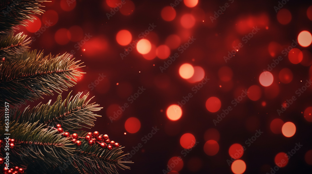Christmas green horizontal banner with tree branches, background with bokeh lights, Generative AI Christmas green horizontal banner with tree branches, background with bokeh lights, Generative AI