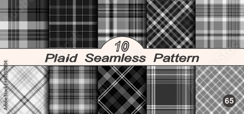 Set black with white plaid seamless vector pattern.