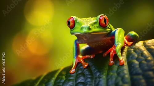 Macro of a red-eyed tree frog sitting on a leaf