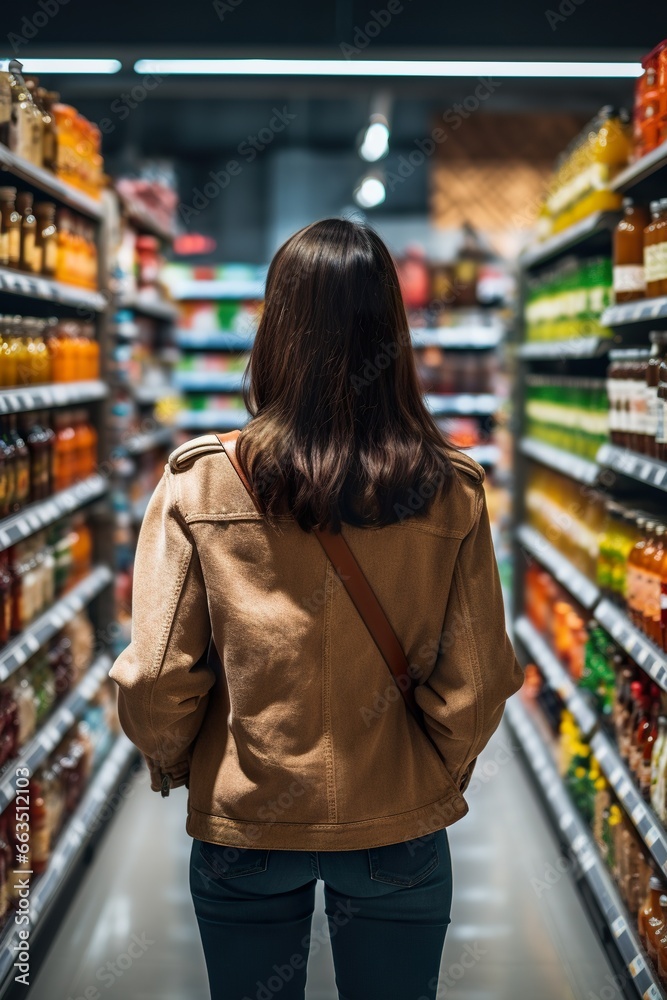 woman at grocery store choosing food and shopping, person in supermarket shop making decision to buy 