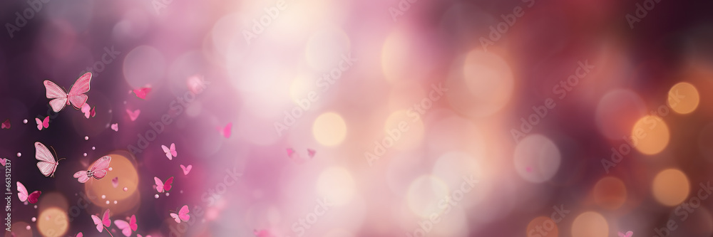 festive pink  compositionon with bokeh background with candles butterflies and textspace