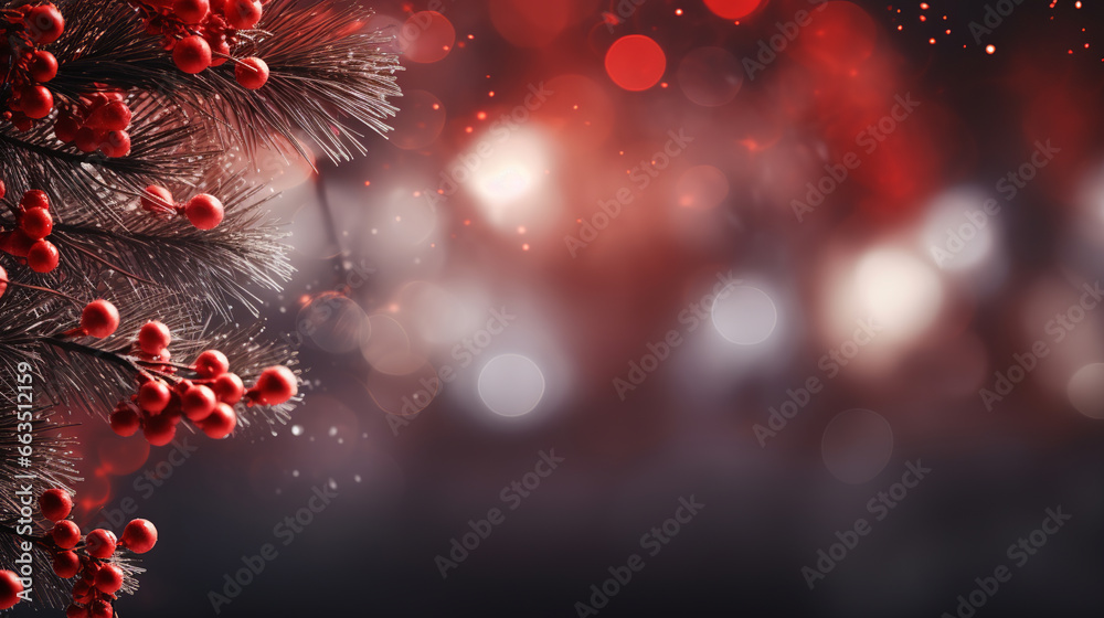 Christmas red background with fir branches, bokeh lights, Generative AI
