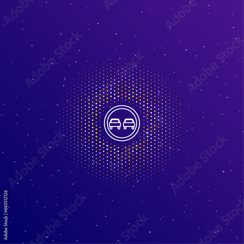 A large white contour no overtaking sign in the center, surrounded by small dots. Dots of different colors in the shape of a ball. Vector illustration on dark blue gradient background with stars