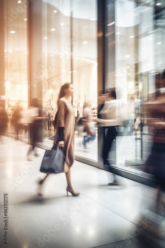 busy people at shopping mall, blurred motion and selective focus, men and women in rush at retail shop