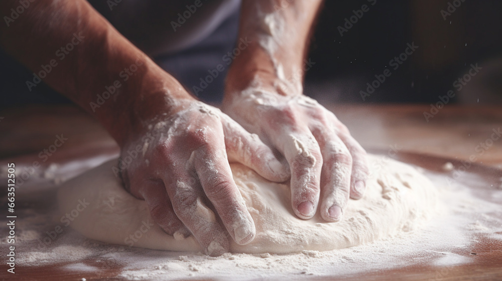 Hands of baker's male knead dough. Man preparing bread dough in a bakery.

