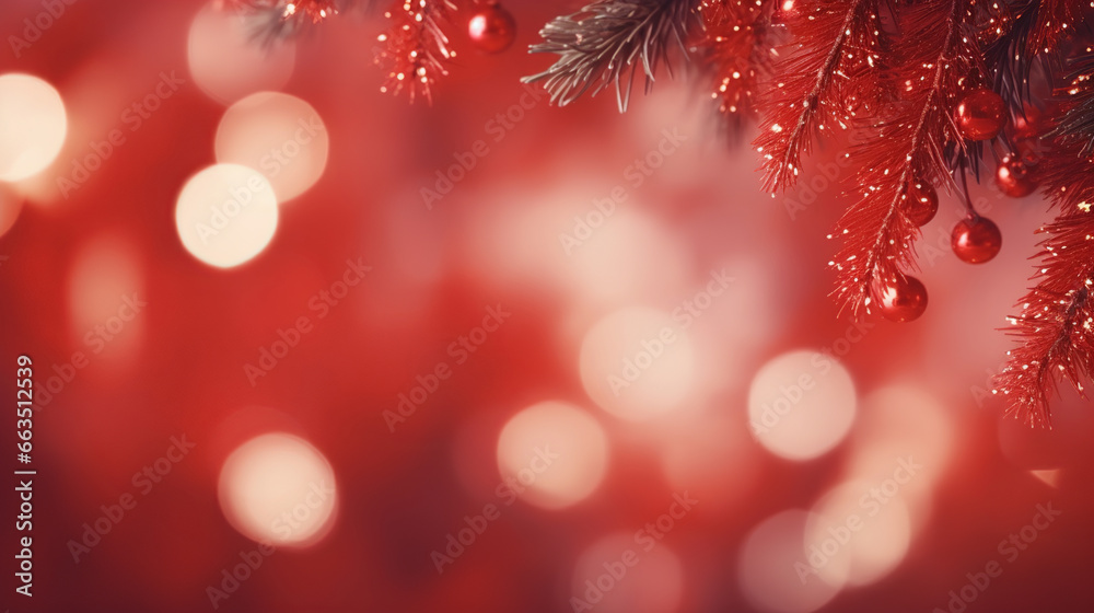 Christmas red horizontal banner with tree branches, background with bokeh lights, Generative AI Christmas red horizontal banner with tree branches, background with bokeh lights, Generative AI