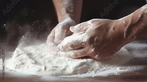 Hands of baker kneading dough isolated on black background. Hands of baker's male knead dough.