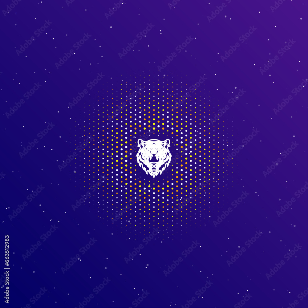 A large white contour tiger head symbol in the center, surrounded by small dots. Dots of different colors in the shape of a ball. Vector illustration on dark blue gradient background with stars