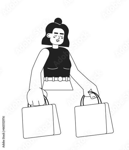 Joyful shophocolic monochromatic flat vector character. Latina woman with shopping bag. Editable thin line half body person on white. Simple bw cartoon spot image for web graphic design