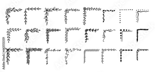 Vector doodle corners set. Hand drawn page decor elements. Black and white decorative flowers and leaves corners flourishes of various style isolated icons illustration