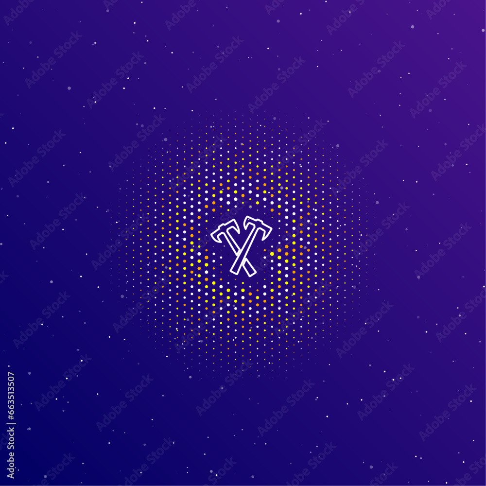 A large white contour crossed axes symbol in the center, surrounded by small dots. Dots of different colors in the shape of a ball. Vector illustration on dark blue gradient background with stars