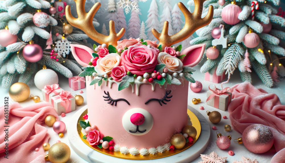 Festive Christmas cake adorned with gold reindeer antlers and roses. The cheerful cake among a backdrop of evergreen, baubles and snowflakes.