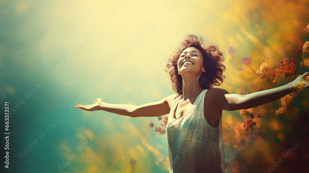 picture in vintage style with washed out colors of a woman who, in a relaxed pose, puts her arms in the air and lifts her head into the last rays of sunshine of the day creates a dreamy image