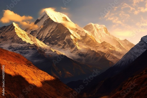 The majestic Himalayan Annapurna Mountains basking in the golden sun. Generative AI