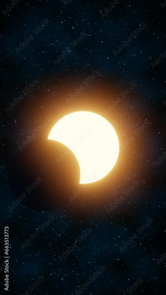 Representation of a solar eclipse on a space background with moving stars. Vertical format. 3D Rendering