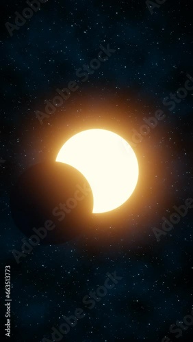 Representation of a solar eclipse on a space background with moving stars. Vertical format. 3D Rendering